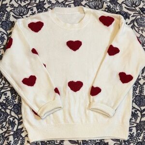 White Sweater with Red Heart Pattern - Women's Crewneck